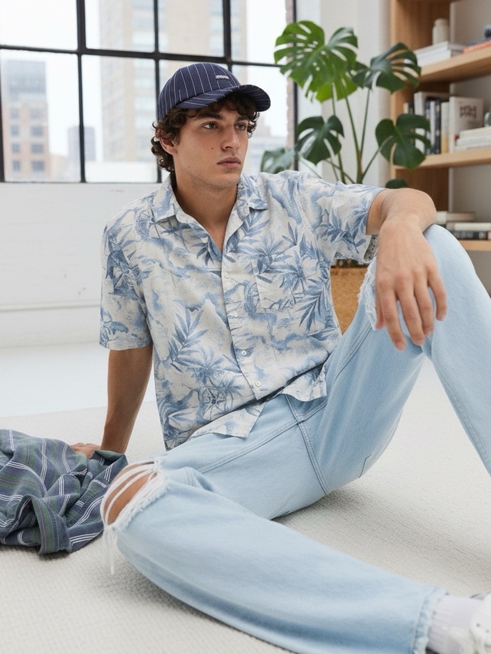 Vintage Nautical Light Blue and White Tropical Camp Shirt